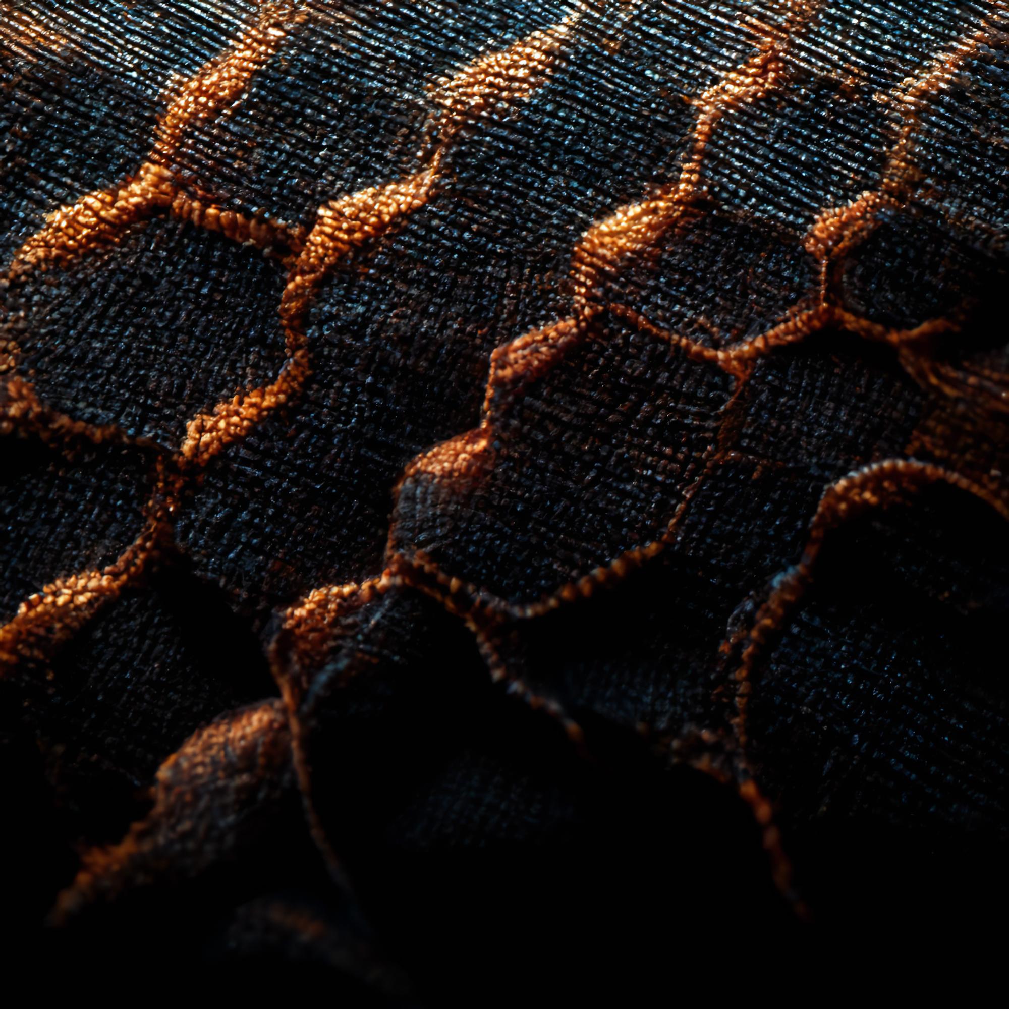 Close-up of metallic thread embroidery on dark fabric